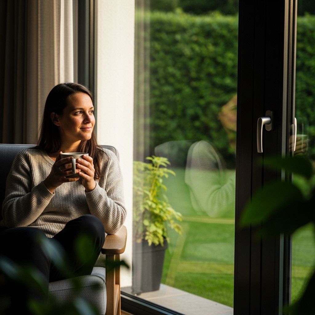 Person sitting by a large window in soft morning light, holding a cup of tea and gazing peacefully at a green garden outside, representing a calm and mindful start to the day