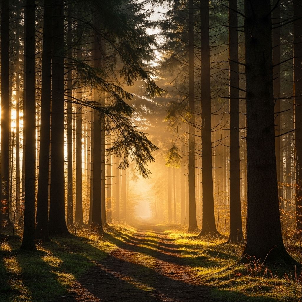 Serene forest landscape with golden morning light filtering through tall trees onto a quiet misty path, conveying calm and natural tranquility