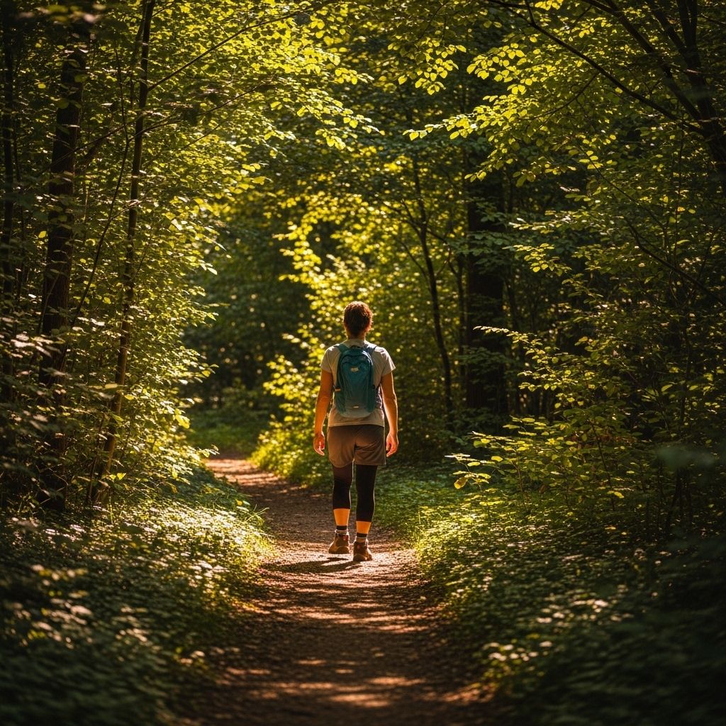 Person walking along a peaceful forest trail surrounded by green foliage and dappled sunlight, representing gentle physical activity in nature