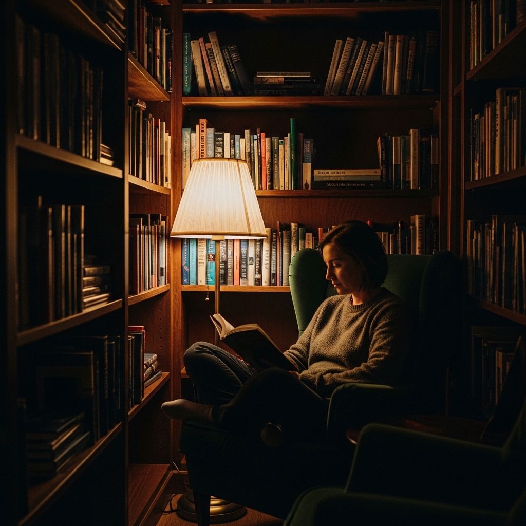 Person sitting quietly in a softly lit reading nook with bookshelves, warm lamp light and a peaceful contemplative atmosphere, representing thoughtful reflection and the search for understanding